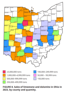 Map of Ohio showing limestone production by county. Quarries are concentrated in the western half of the state.